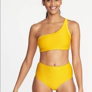 NWT Old Navy Textured Stripe One Shoulder Mid Rise Bikini in Yellow Sunshine